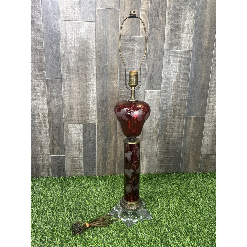 LG Bohemian-Style Cranberry Etched Glass Table Lamp – Grape Design – Working
